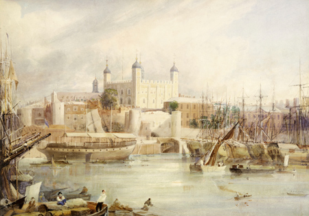 Tower of London. Watercolour. View of the Tower of London from the Thames with boats and passengers on the river.