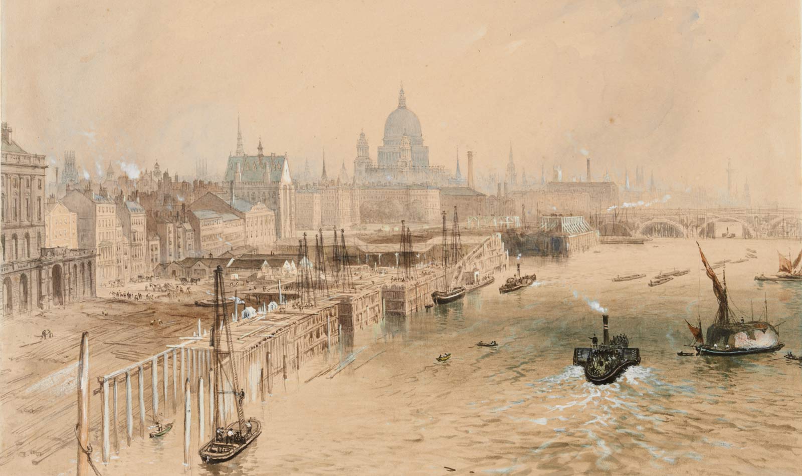 Atmospheric depiction of 'The Thames Embankment Works between Waterloo and Blackfriars Bridges'. Signed and dated. Construction of timber framework for the embankment. Piles of timber lie on shore & figures are at work on shore & on scaffolding. Steam & sailing boats are on river. In distance is Blackfriars Bridge & dome of St. Paul's.  