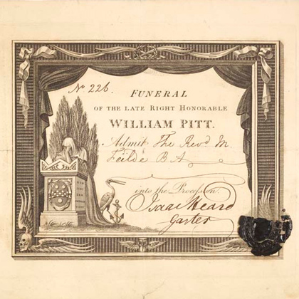 Funeral ticket of the late right honorable William Pitt