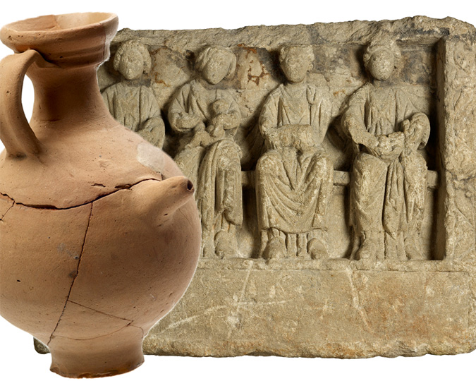 A tettina that looks like a flagon (ID no: 2859); Roman stone sculpture of four mother goddesses (ID no.: 77.58); part of a pipeclay Roman mother-goddess figurine (ID no.: A243).