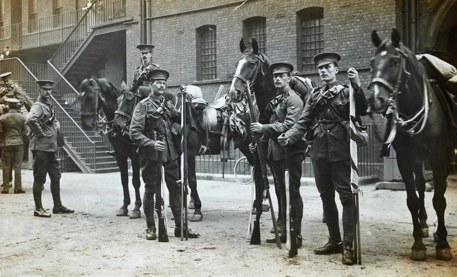 1st Life Guards mobilising at Knightsbridge Barracks to leave for France, August 1914, by Christina Broom