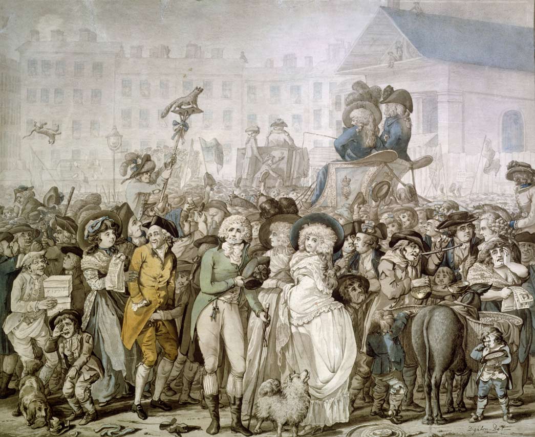  This pen and watercolour drawing is one of several depictions of the Westminster Election by Robert Dighton in the Museum's collection. Here, Dighton presents us with a scene in Covent Garden during the election of 1788, when Lord John Townshend campaigned against Admiral Lord Hood. Recognisable portraits include the politician Charles James Fox, the Duke of Norfolk and John Wilkes, Chamberlain to the City of London. 