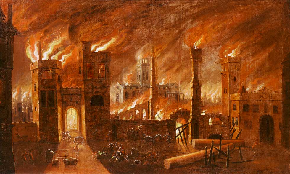 Oil on canvas. This painting derives from an original by Jan Griffier the Elder (c. 1645/52-1718), it is not dated or signed. The Great Fire of London started in a baker's shop in Pudding Lane in the early hours of of Sunday 2 September 1666 and raged for the next four days destroying four-fiths of the city walls. This painting depicts the cataclysmic scale of the disaster.
