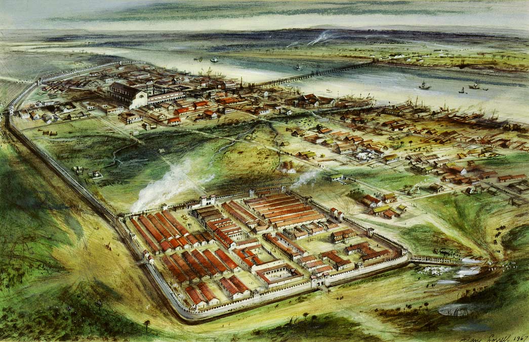 Reconstruction drawing of Londinium looking east: 'Roman London c. 200 AD'. Gouache and pastel drawing of Roman London circa 200AD with the addition of the city wall.