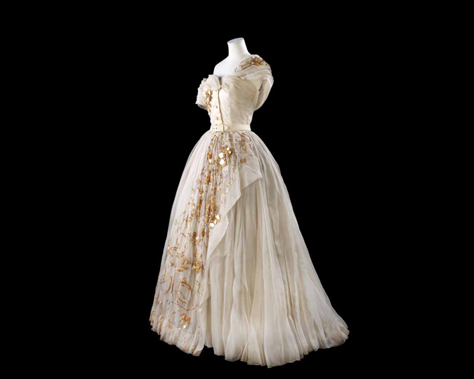 A side view of a dress worn by Princess Margaret and designed by Dior.