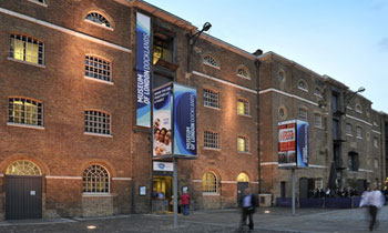 An exterior shot of the Museum of London Docklands from the quayside.