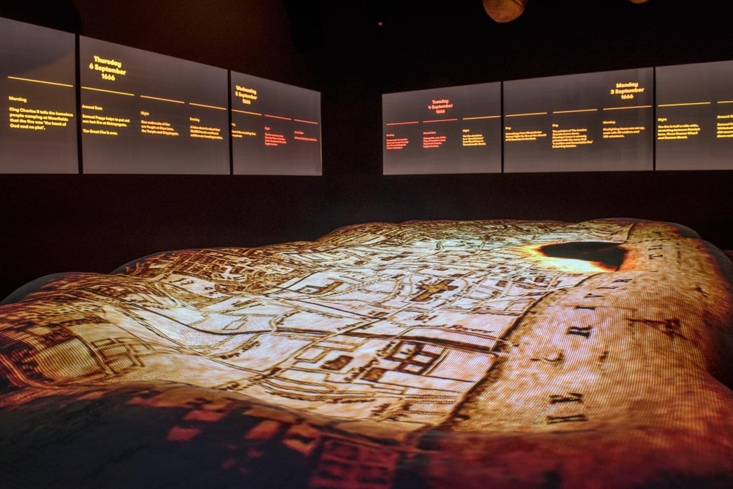 Interior of the Fire Fire exhibition showing the Great Fire of London spreading.