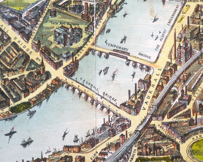 An illustrated map of the River Thames in 1901, showing the Vauxhall temporary bridge.