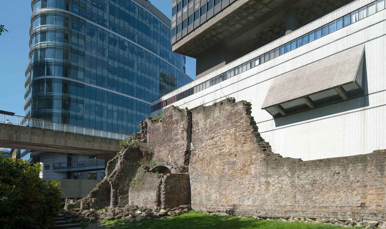 View from outside Roman London looking into what was once the fort and later part of the city wall.