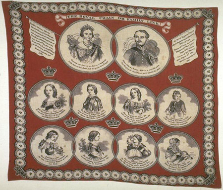 Cotton handkerchief dyed turkey red; lithographic print in dark brown ink, 1853-1857. This handkerchief was produced before the birth of Queen Victoria's last child, Princess Beatrice, born in 1857. Like many handkerchiefs of the period, it has been printed hastily, causing the image to run untrue to the grain, so that it cannot now be straightened. 