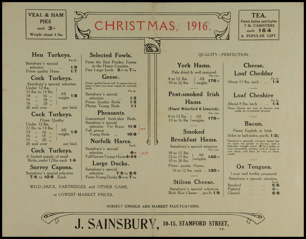 Christmas price list, 1916. Copyright Museum of London/Sainsbury Archive.