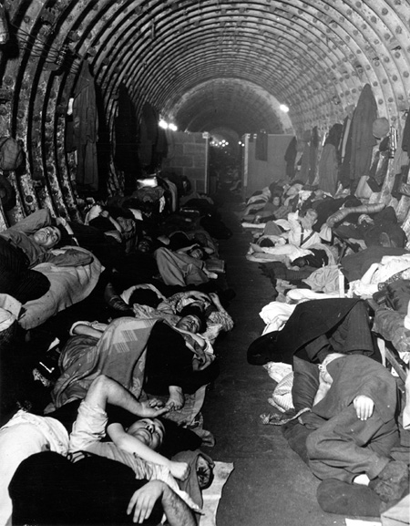 Photograph of Londoners sheltering in Liverpool Street station during the Blitz, 1940.
