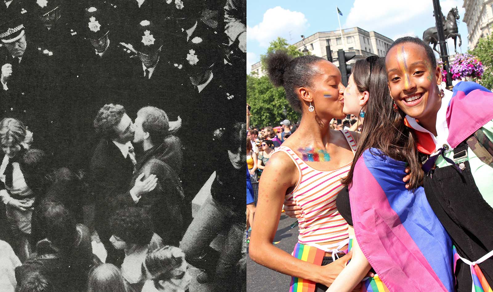 Images of Pride march in London 1980 and 2019 with two men kissing in front of a row of policemen.