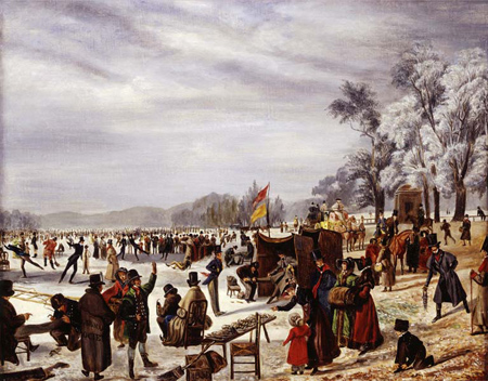 A crowd of skaters are shown enjoying themselves on the frozen Serpentine Lake, in Hyde Park. In the foreground, near a low table with an array of skates, three men are shown being fitted up for skating. To their left is a lifeguard wearing an overcoat marked ROYAL HUMANE SOCIETY.