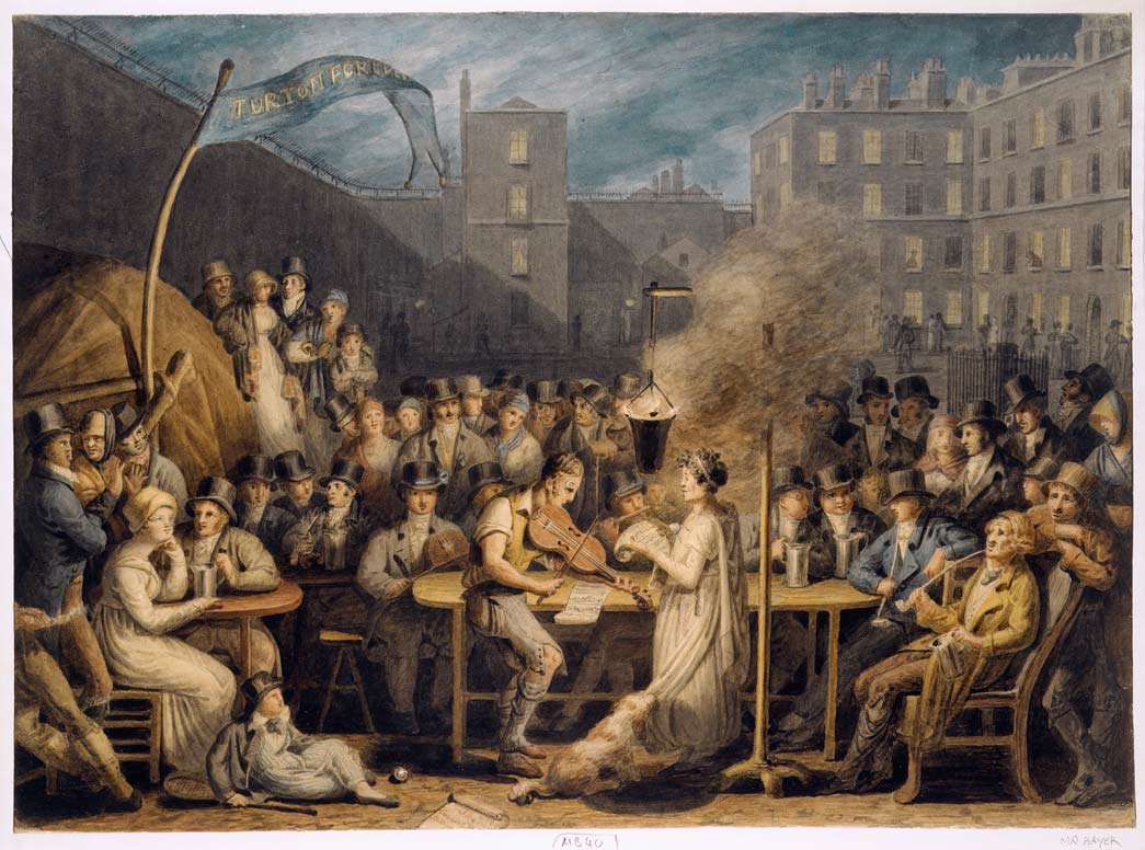 King's Bench Prison. Watercolour. This night-time scene shows the courtyard of the King's Bench Prison, situated off Borough High Street. As the banner shows, the prisoners are celebrating the election to the House of Commons of Thomas Turton, a supporter of Pitt the Younger and Clerk of the Juries in the Court of Common Pleas. 