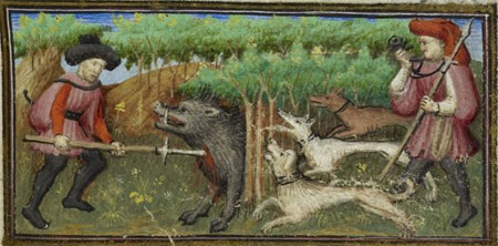 Miniature of a man piercing a boar with a spear during a boar hunt, while another man blows a horn and three dogs engage in the hunt, with a full foliate border including Capricorn, from the calendar page for December. 
