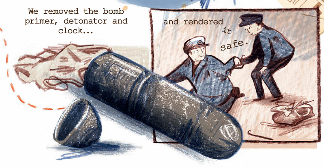 A cartoon of German parachute bombs being defused during the Second World War.