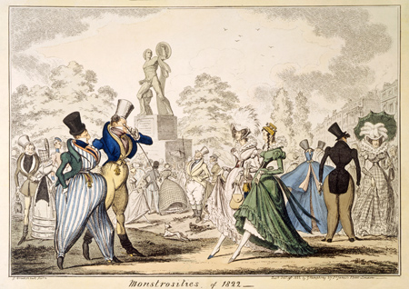 Monstrosities of 1822. A scene satirising society fashions in Hyde Park near the Achilles statue. A coloured engraving by George Cruikshank.

