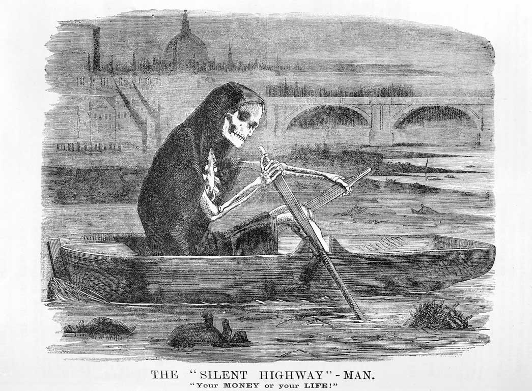 The 'Silent Highway' - Man. 'Your money or your life'. Cartoon published in Punch magazine, 10 July 1858, No. 35. This cartton refers to the problems caused by the very hot summer of 1858. The summer heat together with a very high level of sewage and pollution, caused a very bad smell coming from the river Thames. This cartoon depicts the allegorical figure of death rowing a boat on the polluted and foggy river where dead animals float by. Death is here associated with pollution and disease. St. Paul's Cathedral can be seen side by side with a smoky factory in the distance.
