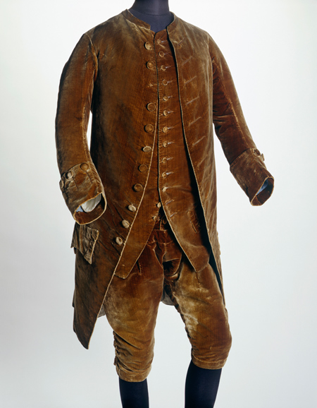 Brown velvet suit, coat, waistcoat and breeches associated with David Garrick. David Garrick wore this suit to have his portrait painted. 