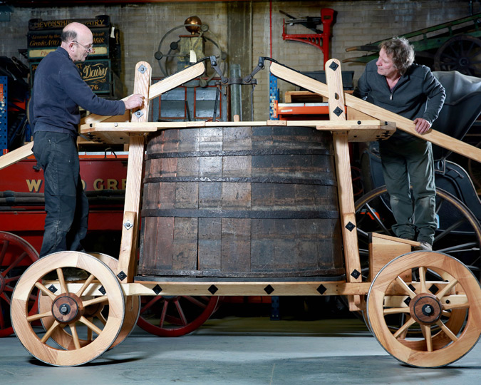 17th century fire engine reconstructed for Museum of London by Croford Coachbuilders. Credit Matt Alexander/PA Wire.