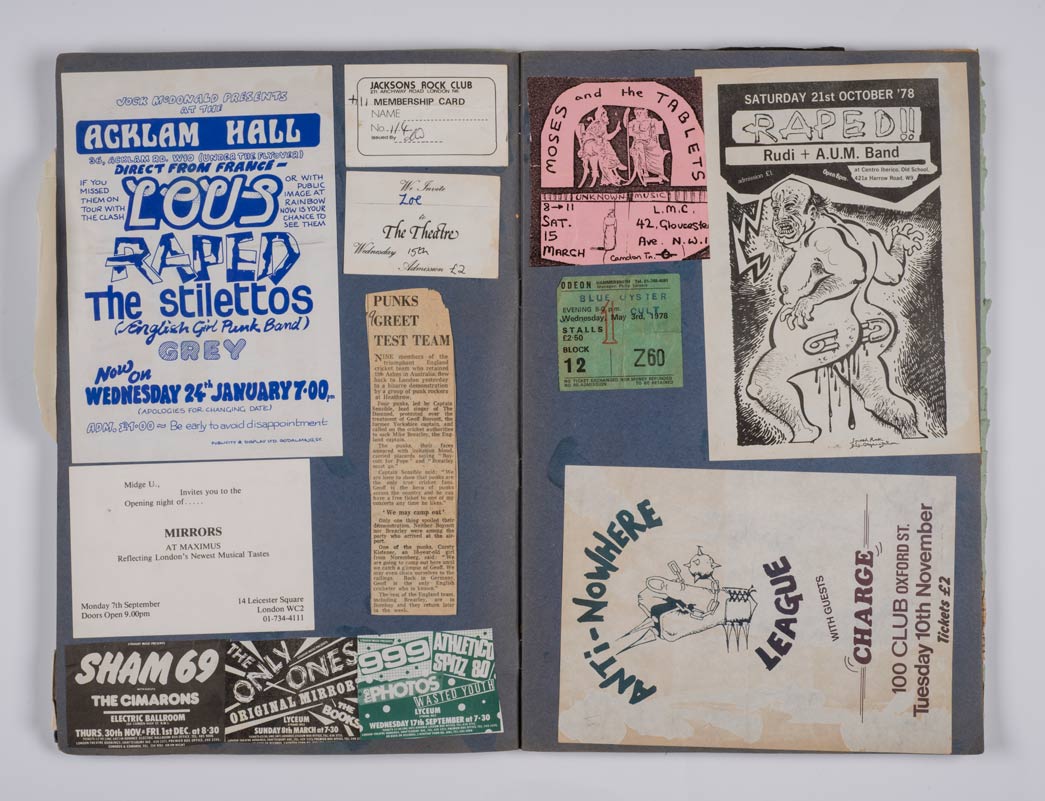 Scrapbook of punk memorabilia, from tickets to leaflets, collected by Zoe Neale.