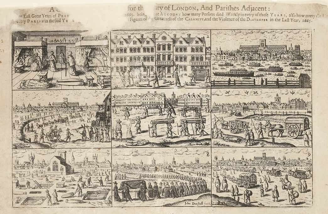Plague broadsheet comprising nine scenes relating to the 1665 plague. 