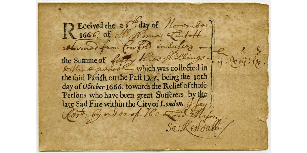 Receipt recording donations from the village of Cowfold to London after the Great fire of 1666.