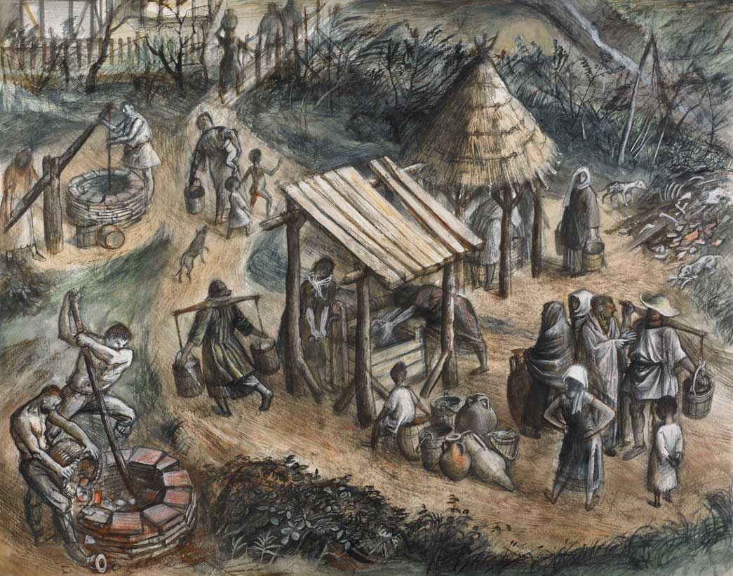 Reconstruction showing people drawing water from Roman wells in the Walbrook/Queen Street area.
