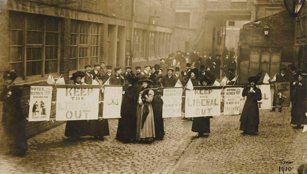 Suffragettes campaigning in South St Pancras during the General Election, January 1910. This was the first of the two general elections of 1910.