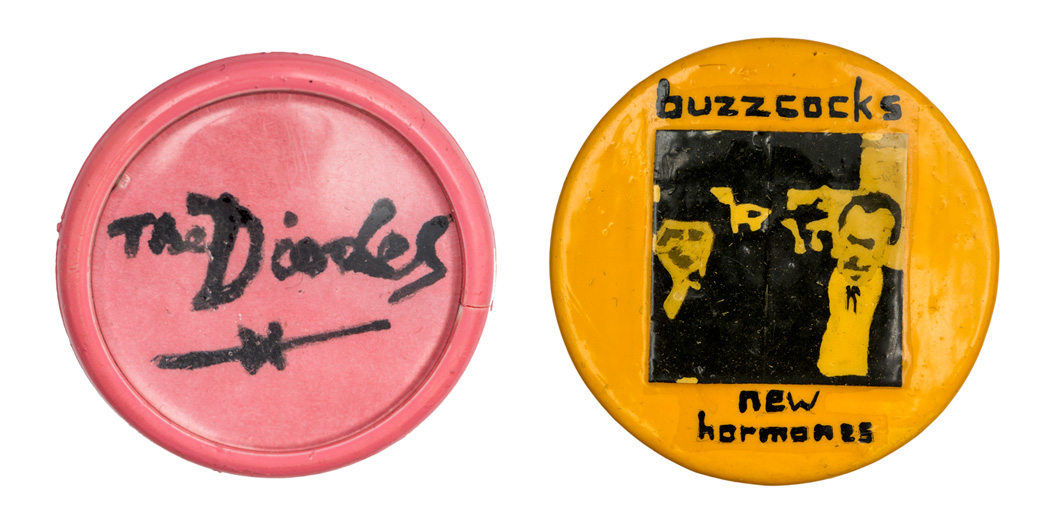 Punk badges home-made by Dave Smith, 1977.