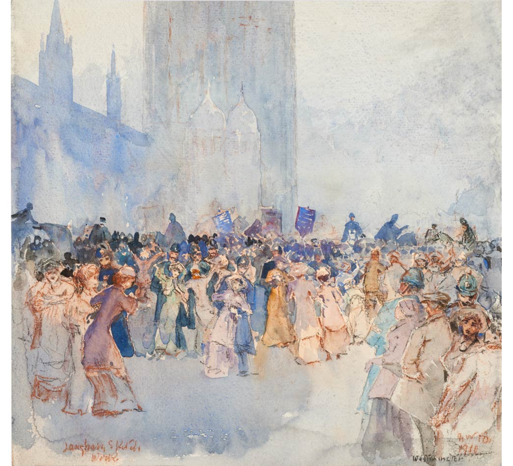 Watercolour and pastel drawing of a Suffragette demonstration and police making arrests outside Houses of Parliament, by William Monk. On the reverse in pencil reads: 'Suffragettes / sketched from actual scene'. 