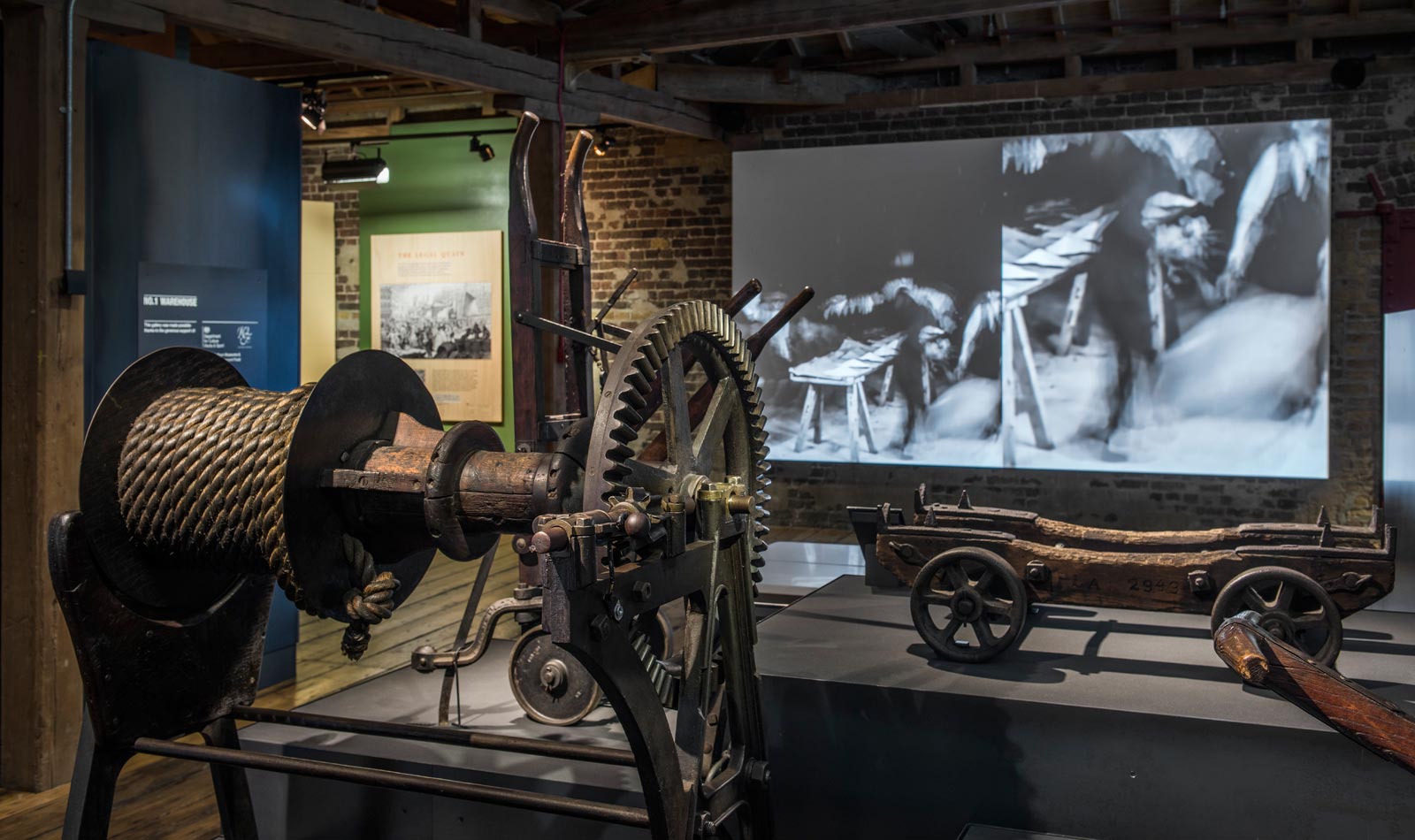 Winch and film displayed in the No. 1 Warehouse gallery.