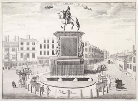 A view of the equestrian statue of King Charles I by Hubert Le Sueur in Cockspur Street, Charing Cross. It shows the sedan chair vendors around the base and carriages in the surrounding streets.
