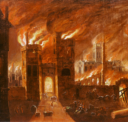 The Great Fire of London, 1666. Oil on canvas. This painting derives from an original by Jan Griffier the Elder (c. 1645/52-1718), it is not dated or signed. 