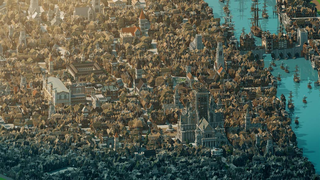 A view of the City of London in 1666, before the Great Fire, rendered in the Minecraft video game.