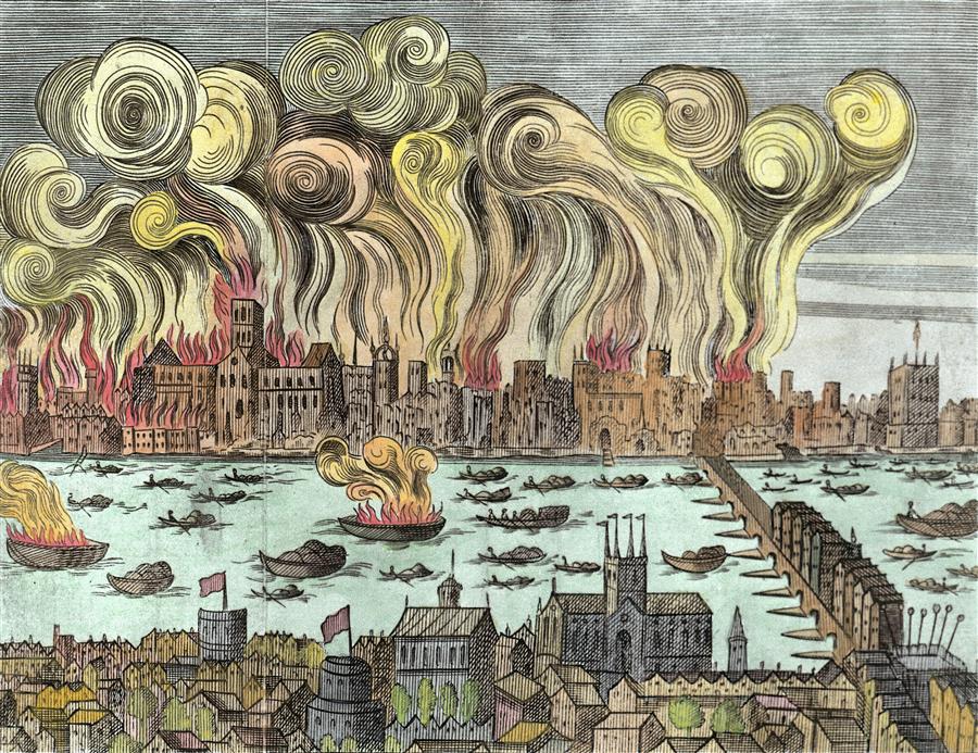 Woodcut depicting Great Fire of London.