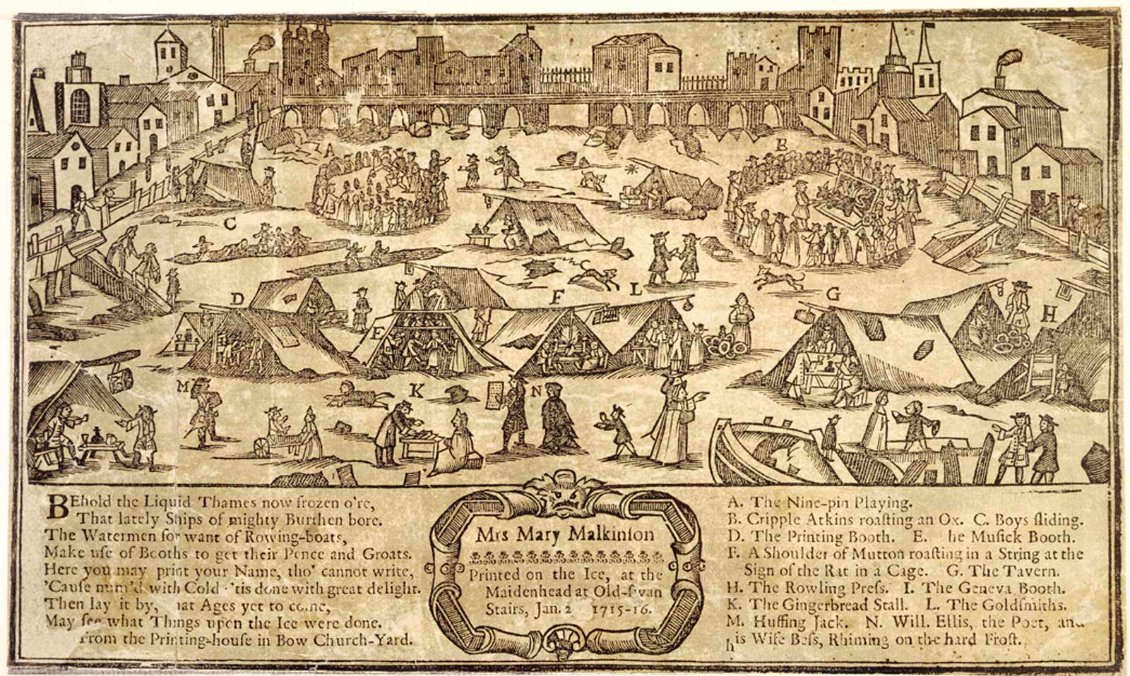 The frost fair on the river Thames in 1715-1716. Woodcut. This view is taken from near Temple Stairs, with Old London Bridge in the background, with many people and tents in the foreground. Many of these individual tents are lettered, indicating what amusements can be had on the ice. A. The Nine-pin Playing; B. Cripple Atkins roasting an Ox; C. Boys sliding; D. The Printing Booth; E. The Musick Booth; F. A shoulder of Mutton roasting in a String at the sign of the Rat in a Cage; G. The Tavern; H. The Rowling Press; I. The Geneva Booth; K. The Gingerbread Stall; L. The Goldsmiths; M. Hussing Jack; N. Will. Ellis, the Poet, and his Wife Bess Rhiming on the hard Frost. From the Printing-house in Bow Church Yard. This is one of a genre of frost fair prints which were made up in advance by a printer and then customized on the ice, with the name of the purchaser.
