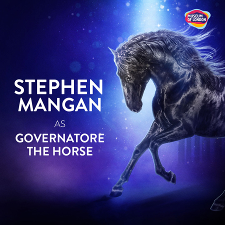A prancing black horse next to text saying Stephen Mangan as Governatore.