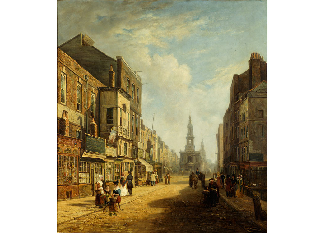 The Strand, Looking Eastwards from Exeter Change. A view of part of Strand from looking towards St. Mary-le-Strand and St. Clement Danes. Savoy St. is on the extreme right and Wellington St is in the middle distance. The painting was exhibited at the British Institution in 1825.
