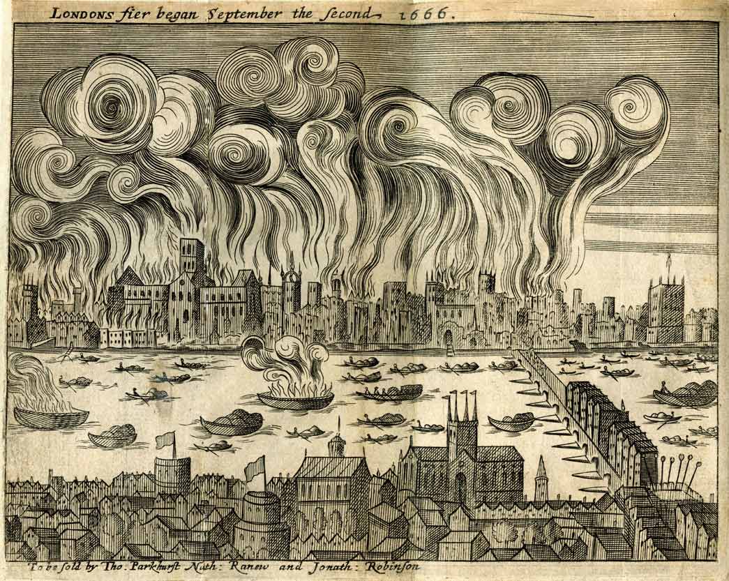 Woodcut: Shlohavot, or, The burning of London in the year 1666.