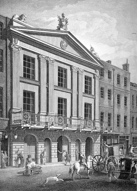 View of the New Front towards Bridges Street of the Principal Entry to the Theatre Royal Drury Lane. Engraving. 