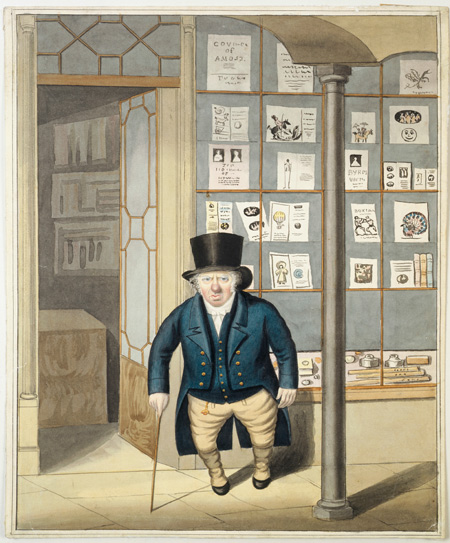 The unidentified owner of a print shop standing before his shop window and door. He is short, portly, red-nosed, top-hatted and holds a cane. The shop window in the background displays a variety of prints and part of the interior of the shop can also be seen.

