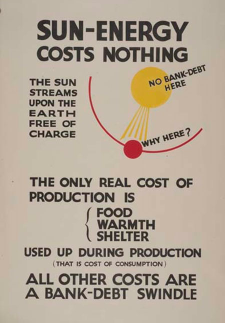 One of a series of four Instructional posters, produced by the Social Credit Party, probably in the late 1940s. Hargrave had become interested in solar energy in the1930s, but the advent of atomic power strengthened his belief in natural energy sources.