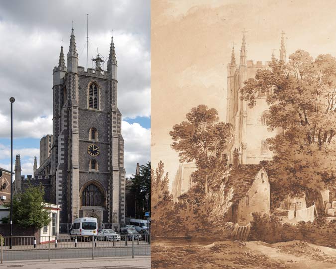 Croydon Church and the river Wandle in 1848 and 2019