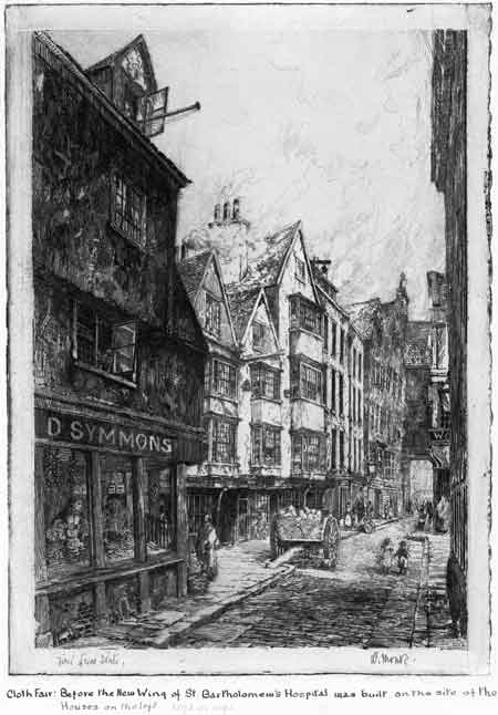 Cloth Fair. This etching print by William Monk show the street before a new wing of St Bartholomew's Hospital was built on the site of D. Symmons shop and the buildings on the left.
