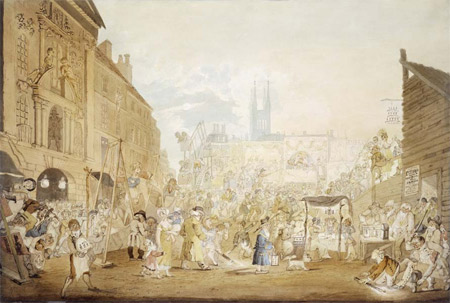 This lively watercolour of Bartholomew Fair shows the entertainments literally in full swing with the rides and sideshows displayed on the left. Bartholomew Fair was acknowledged as being the most famous fair in London which was held every August. In this crowded scene we see an early ferris wheel far left, people eating under an awning, watching masquerades and pantomimes.  