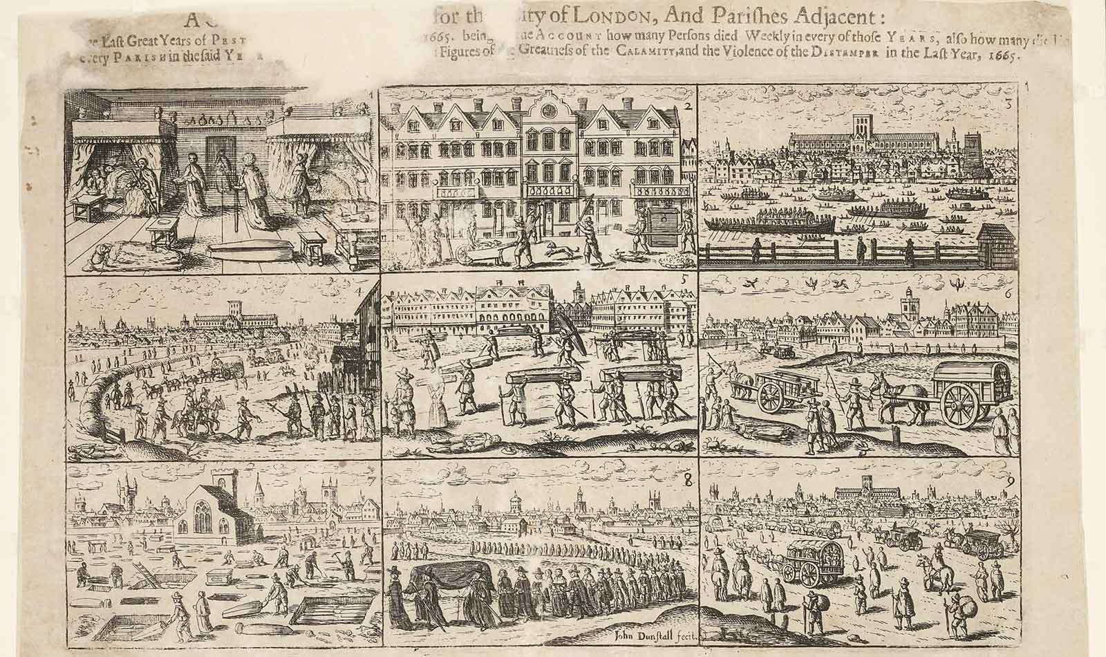 Plague broadsheet comprising 9 scenes relating to the 1665 plague.