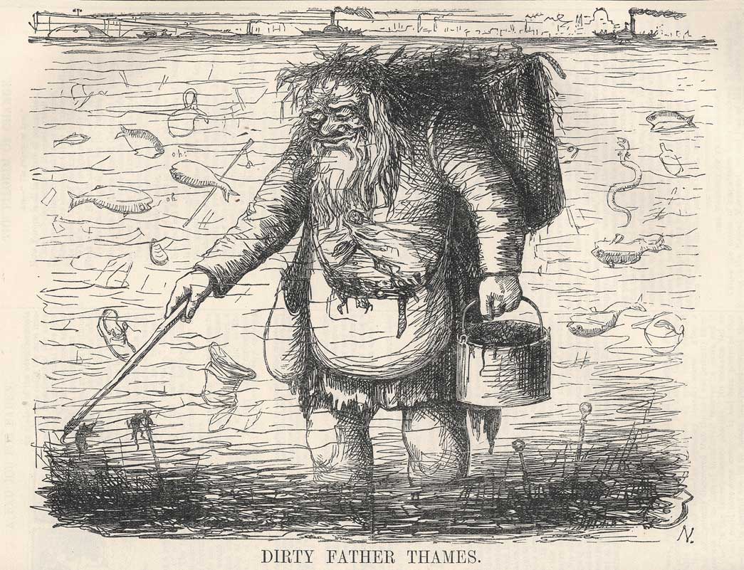 Dirty father Thames. Wood engraving for 'Punch Magazine', vol. XV, July-December 1848. This satirical image refers to the polluted state of the river Thames in the mid 1800s. Been refered to as the 'Great Stink', the Thames filled with sewerage, moved around and into surrounding houses with its tidal flow.