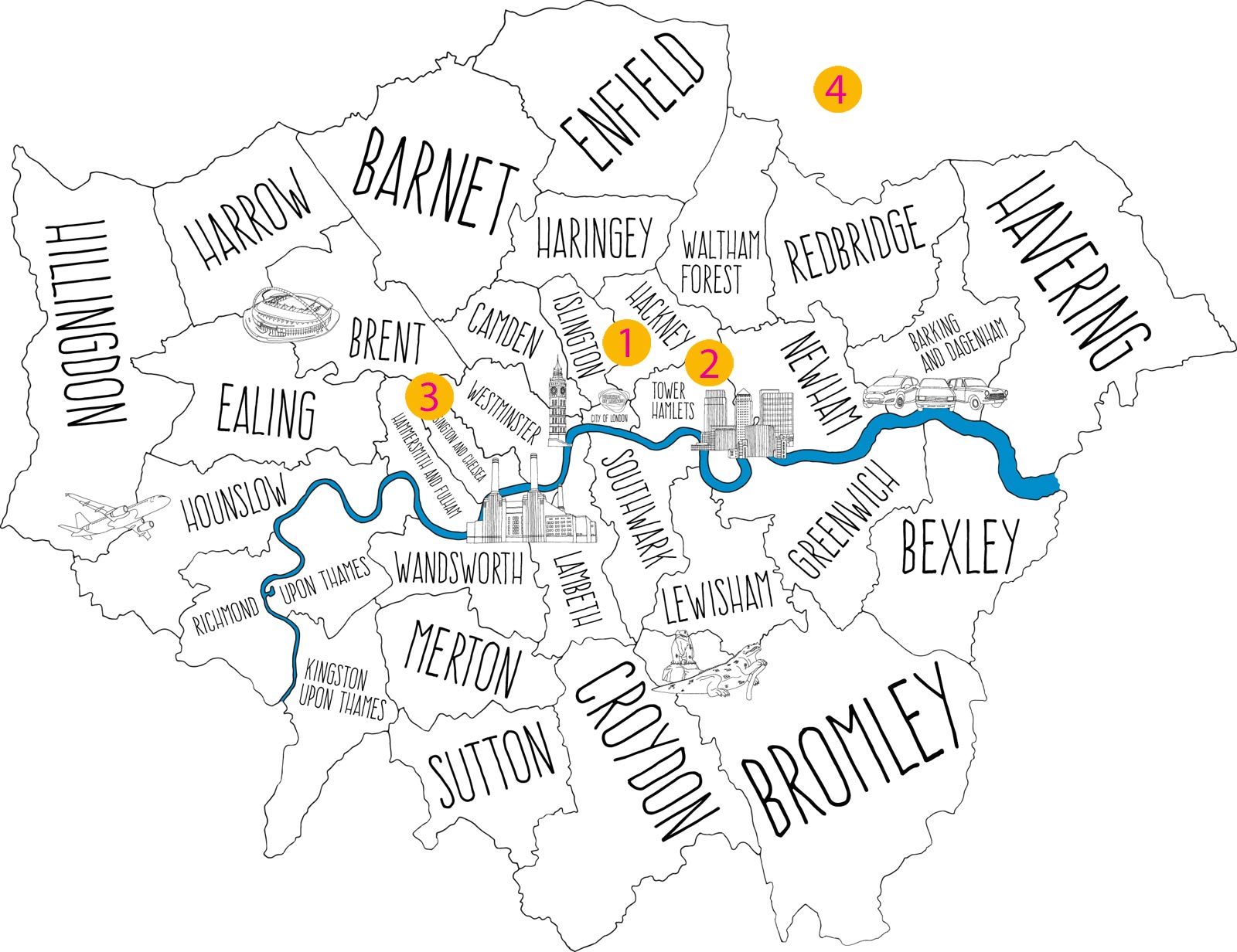 A map of London showing four different Curating London projects across the city.